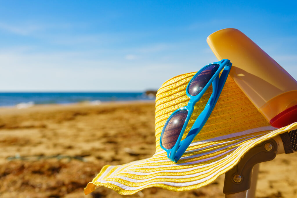 Sun protection gear on sand beach